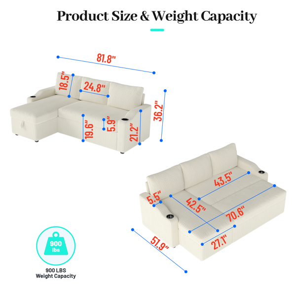 可转换灯芯绒L型储物沙发床，带杯架扶手，现代风格客厅折叠沙发-4