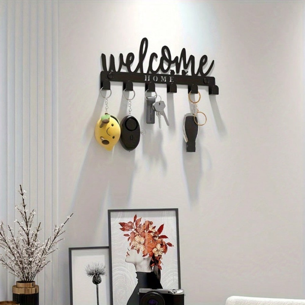 CIFbuy™ 欢迎字样八钩钥匙架 黑色金属壁挂收纳架（TikTok、temu下自提）-5