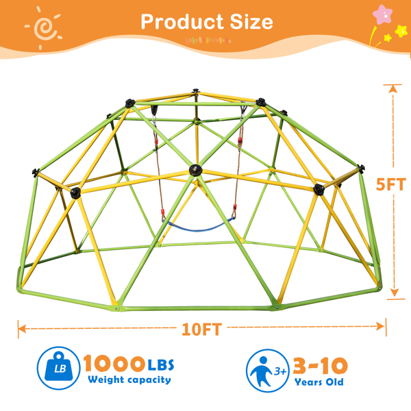 10英尺攀登圆顶儿童丛林健身房适用于公园圆顶登山者与摇摆游乐场设备，绿色-2