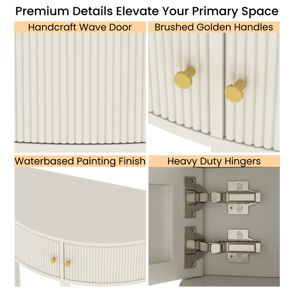 匠心打造的波浪纹半月形控制台桌，奶油白色饰面，独特的半月形设计边桌，配有2个储物抽屉和底部搁板，适用于客厅、卧室、书房、走廊。-15