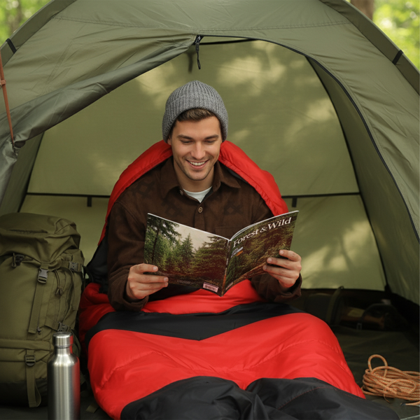 红底黑色箭头 睡袋 涤丝布防水面布 春亚纺透气灰里布 中空棉 210*85cm 戴帽加热款 1500g 三档调温 带收纳袋  温度范围-10-10℃-10