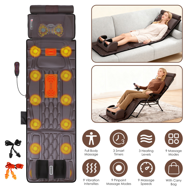 （自提可发加拿大，temu&tk下自提单）全身加热按摩垫，配备12个按摩头与9种振动模式，可拆卸指压式颈部及足部按摩器，缓解背部/腿部疼痛--棕色皮款-1