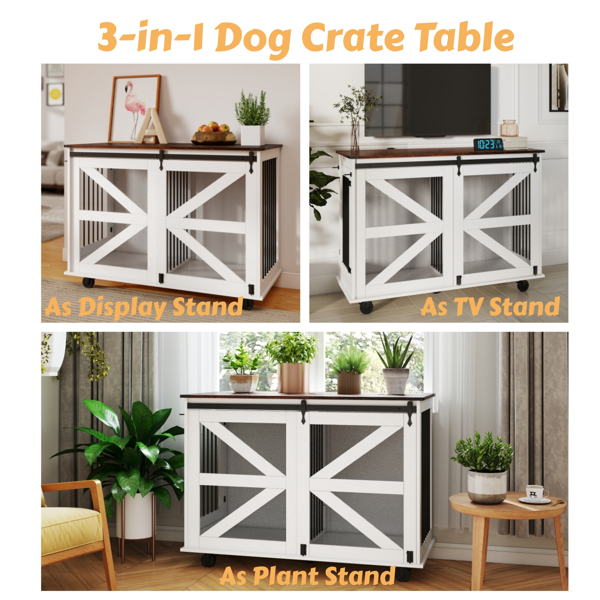 47.2英寸移动式狗笼，带翻盖式喂食门、双向开口和5个万向轮（其中2个带锁定功能），侧面配有挂钩——多功能宠物笼，也可作为双狗笼家具使用。-23