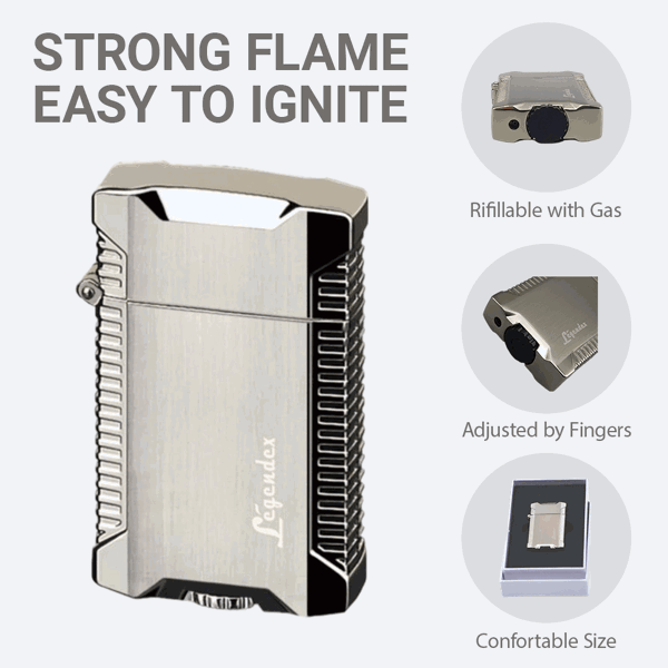 LEGENDEX®野餐者* 银色双直冲打火机用于雪茄香烟厨房户外可重复充气可调节火焰高度便携式-3