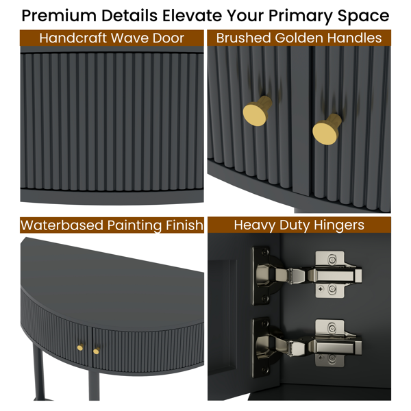 匠心打造的波浪纹半月形控制台桌，深灰色饰面，独特的半月形设计边桌，带2个储物抽屉和底部搁板，适用于客厅、卧室、书房、走廊。-15