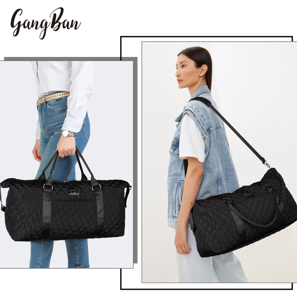 女士旅行帆布包，大号过夜周末包，配可调节肩带、防水湿物袋，可登机运动托特包，医院待产包-黑色-5