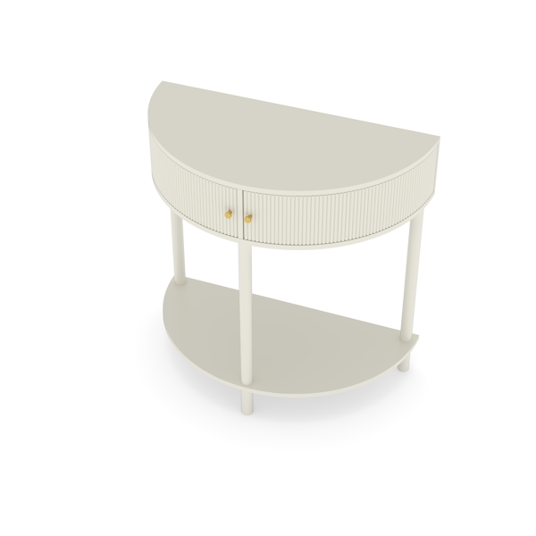 匠心打造的波浪纹半月形控制台桌，奶油白色饰面，独特的半月形设计边桌，配有2个储物抽屉和底部搁板，适用于客厅、卧室、书房、走廊。-3