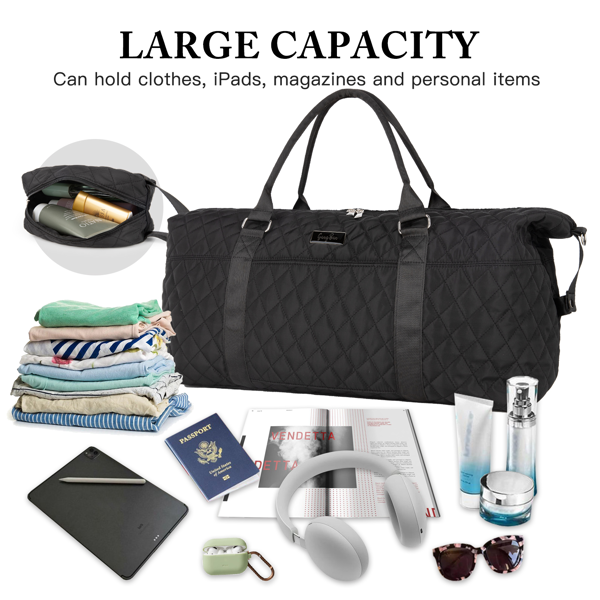 女士旅行帆布包，大号过夜周末包，配可调节肩带、防水湿物袋，可登机运动托特包，医院待产包-黑色-3