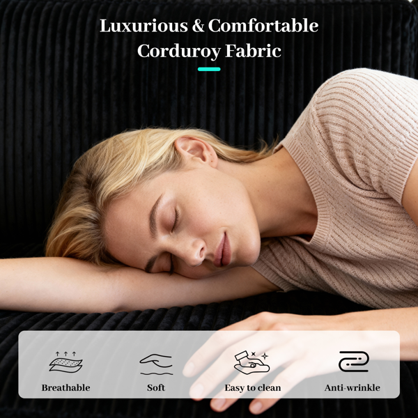 可转换灯芯绒L型储物沙发床，带杯架扶手，现代风格客厅折叠沙发-9