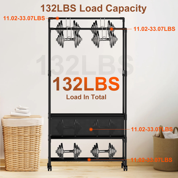 （自提可发加拿大，temu&tk下自提单）三层可移动衣架 卧室玄关双杆设计 坚固铁艺衣架配双层高度杆 可调节储物袋 带锁通用轮 轻松组装-7