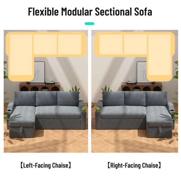 可转换灯芯绒L型储物沙发床，带杯架扶手，现代风格客厅折叠沙发-7