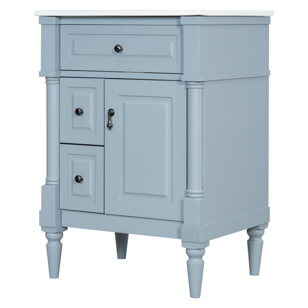 24英寸浴室柜，带水槽，灰蓝色独立式浴室柜，带翻盖抽屉、可调节搁板、实心橡胶木框架、中密度纤维板和金属把手-14