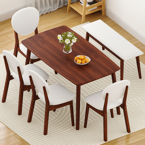 1桌4椅1凳 拆装 橡胶木+软包 深胡桃色 餐桌椅套装 米色坐垫 长方形-20