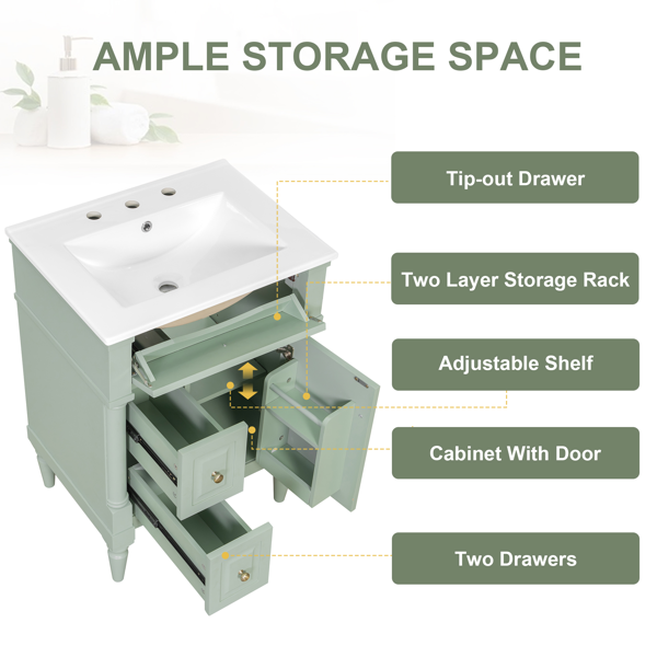 24英寸浴室柜，带水槽，绿色独立式浴室柜，带翻盖抽屉、可调节搁板、实心橡胶木框架、中密度纤维板和金属把手-4