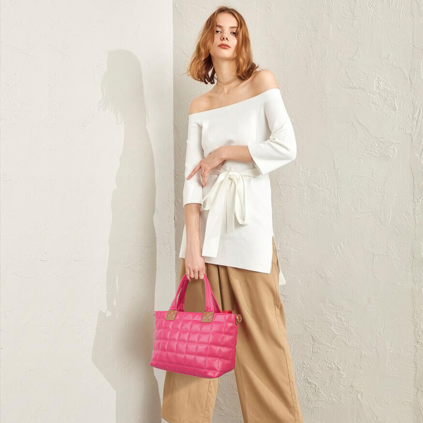 女士拉链手提包，轻便绗缝蓬松斜挎包，带肩带的加厚手提包-玫红-6