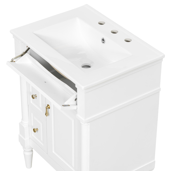 24英寸浴室柜，带水槽，白色独立式浴室柜，带翻盖抽屉、可调节搁板、实心橡胶木框架、中密度纤维板和金属把手-12