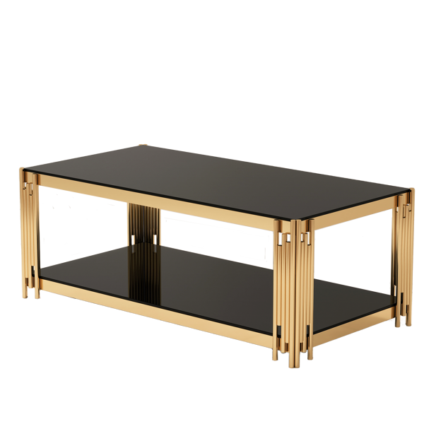 47英寸长方形金色玻璃双层咖啡桌，黑色现代风格客厅桌，黑色钢化玻璃桌面，金色不锈钢金属脚架，适用于客厅和办公室使用-11