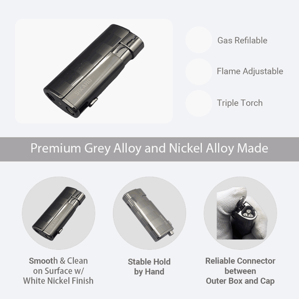 SIKARO®飓风* 三直冲专用高档雪茄打火机带雪茄打孔器黑镍枪黑雪茄香烟厨房户外可重复充气可调节火焰高度便携式-4