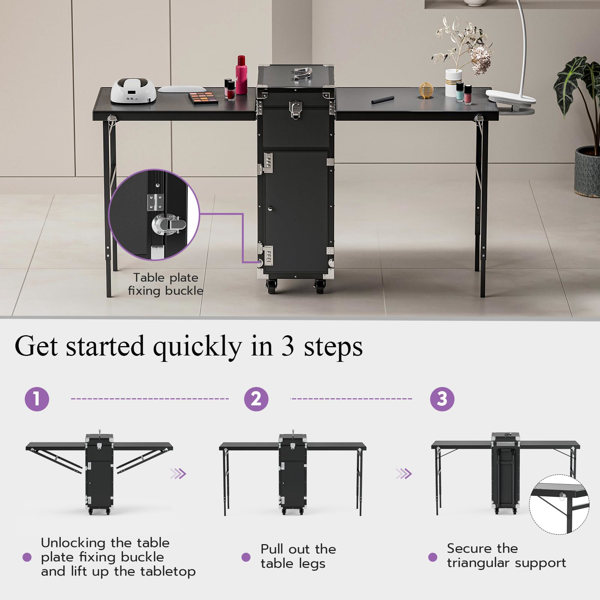 带轮移动美甲台，便携式美甲桌，折叠美甲桌配指甲油托盘及收纳空间，旅行美甲箱配可拆卸可调高工作台-4