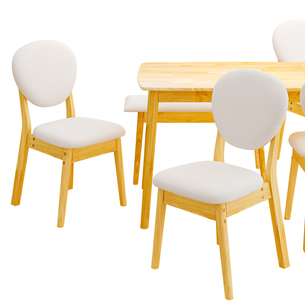 1桌4椅1凳 拆装 橡胶木+软包 原木色 餐桌椅套装 米色坐垫 长方形-2