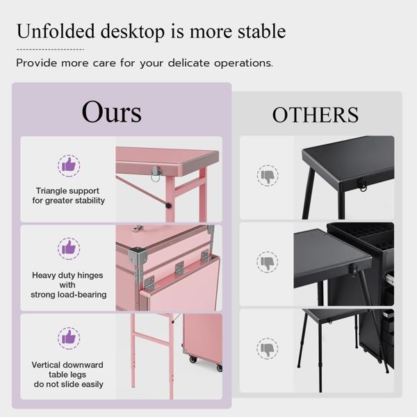 便携式美甲桌，带轮折叠美甲推车，美甲教学化妆箱，双层桌面化妆品推车箱，粉色款-2