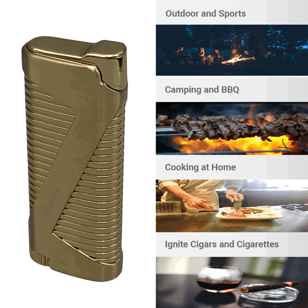 LEGENDEX®拓荒者* 金色单直冲打火机用于雪茄香烟厨房户外可重复充气可调节火焰高度便携式-6