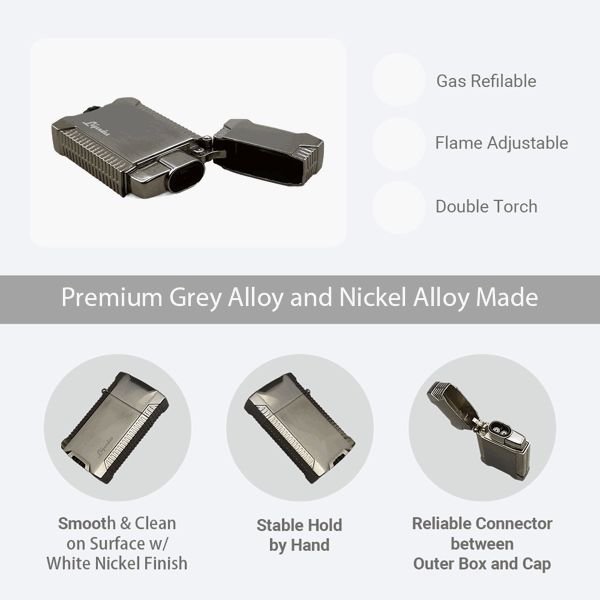 LEGENDEX®野餐者* 银色双直冲打火机用于雪茄香烟厨房户外可重复充气可调节火焰高度便携式-4