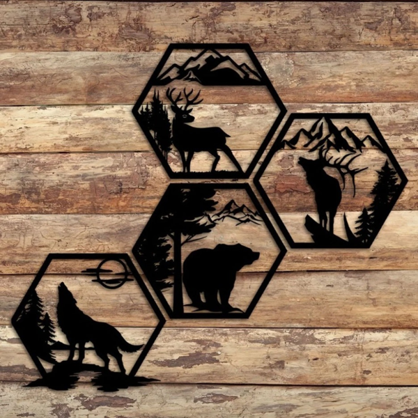 CIFbuy™ 铁艺六边形森林动物装饰画套装，户外风墙面挂饰，自然主题家居软装（在 TikTok、temu 下可自提）-3