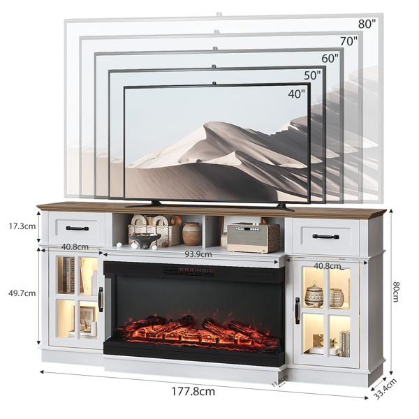 棕色顶+水洗白柜体 178*34.6*82.4cm 密度板 二门二抽一搁架 带RGB & 36in壁炉芯 壁炉电视柜-5