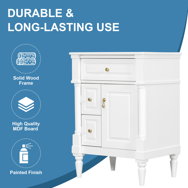 24英寸浴室柜，带水槽，白色独立式浴室柜，带翻盖抽屉、可调节搁板、实心橡胶木框架、中密度纤维板和金属把手-8