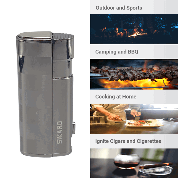 SIKARO®飓风* 三直冲专用高档雪茄打火机带雪茄打孔器黑镍枪黑雪茄香烟厨房户外可重复充气可调节火焰高度便携式-6