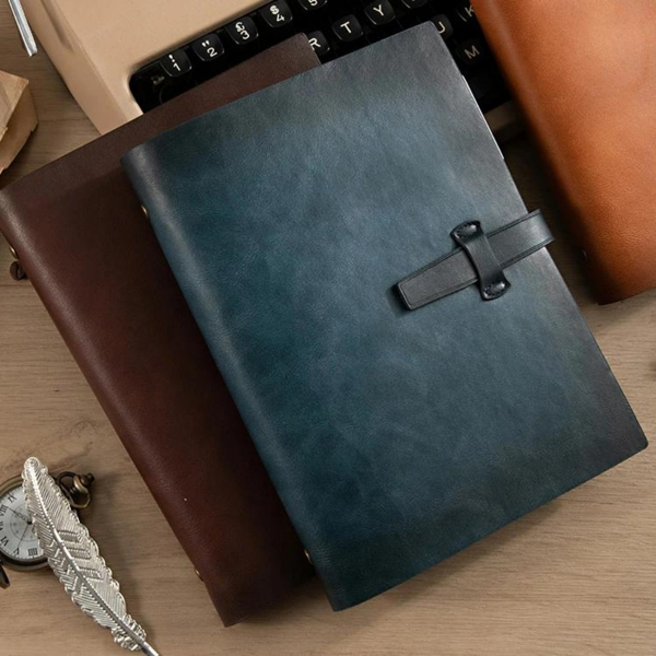 二层牛皮活页本可拆卸A5记事本 藏蓝色-5