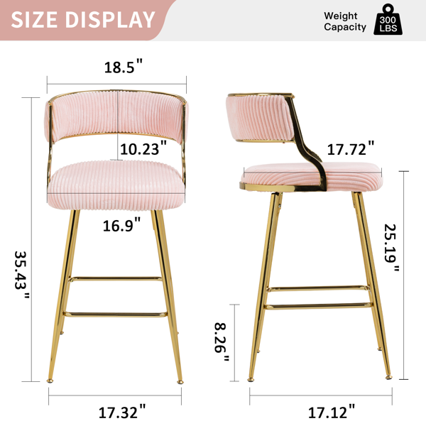 （两件套）26英寸吧台椅，天鹅绒面料，带靠背，金色镀铬底座和脚踏板（粉色）-6