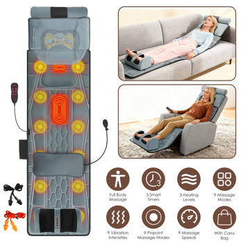 （自提可发加拿大，temu&tk下自提单）全身加热按摩垫，配备12个按摩头与9种振动模式，可拆卸指压式颈部及足部按摩器，缓解背部/腿部疼痛--法兰灰