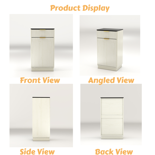 10加仑木纹倾斜式垃圾桶柜，带波浪纹理隐藏式抽屉拉出式垃圾桶，多功能厨房/浴室收纳柜，仿古白色饰面-8