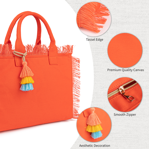 女士帆布手提包带流苏，肩背包顶部提手手袋配拉链闭合，适用于工作、旅行、海滩、健身房、购物-橘色-4