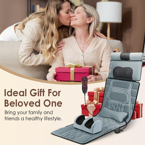 （自提可发加拿大，temu&tk下自提单）全身加热按摩垫，配备12个按摩头与9种振动模式，可拆卸指压式颈部及足部按摩器，缓解背部/腿部疼痛--法兰灰-13