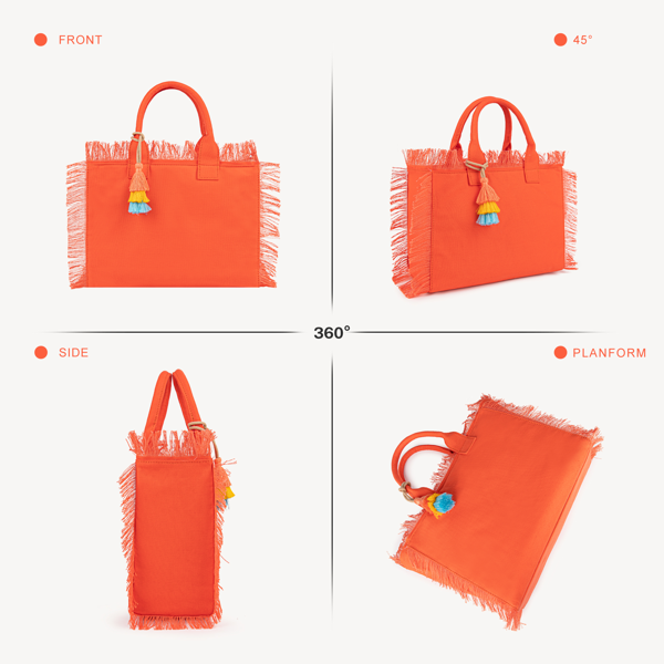 女士帆布手提包带流苏，肩背包顶部提手手袋配拉链闭合，适用于工作、旅行、海滩、健身房、购物-橘色-2