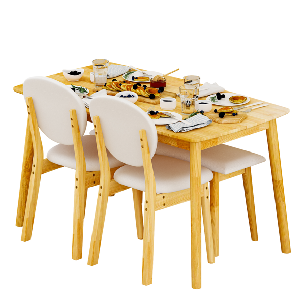 1桌2椅1凳 拆装 橡胶木+软包 原木色 餐桌椅套装 米色坐垫 长方形-6