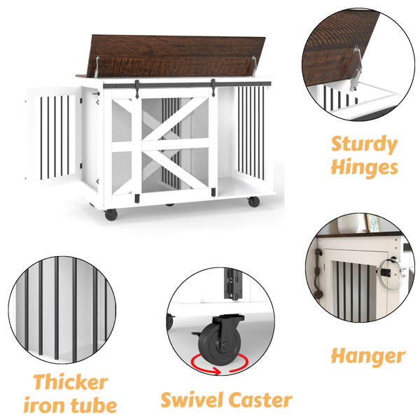 47.2英寸移动式狗笼，带翻盖式喂食门、双向开口和5个万向轮（其中2个带锁定功能），侧面配有挂钩——多功能宠物笼，也可作为双狗笼家具使用。-16