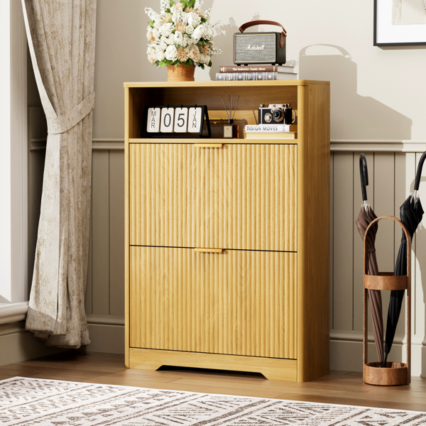 玄关鞋柜收纳柜，隐藏式鞋柜，带2个翻盖抽屉，高大独立式鞋架，适用于门厅、走廊。天然色，长31.6英寸 x 宽9.6英寸 x 高40英寸。-11