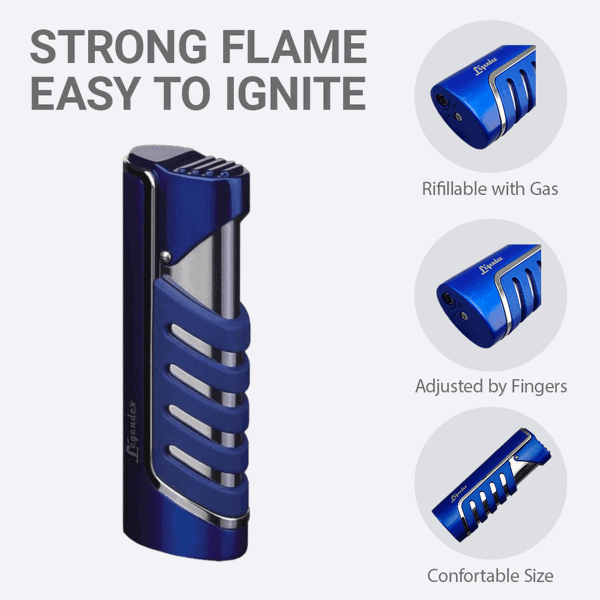 LEGENDEX®探索者* 电泳蓝单直冲打火机用于雪茄香烟厨房户外可重复充气可调节火焰高度便携式-3