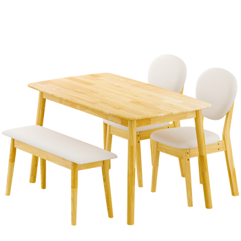 1桌2椅1凳 拆装 橡胶木+软包 原木色 餐桌椅套装 米色坐垫 长方形
