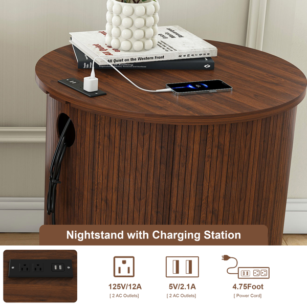 一套两件式中世纪现代风格圆柱形边桌，内置充电站和滑动门，双层储物圆形床头柜，带USB接口，胡桃木材质，适用于客厅、卧室、玄关。-5