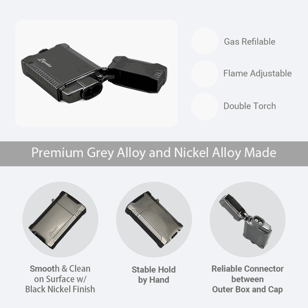 LEGENDEX®野餐者* 枪黑双直冲打火机用于雪茄香烟厨房户外可重复充气可调节火焰高度便携式-4