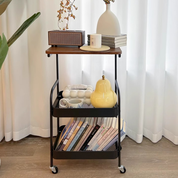 小推车置物架 黑色铁架+深木纹桌板 带轮-1