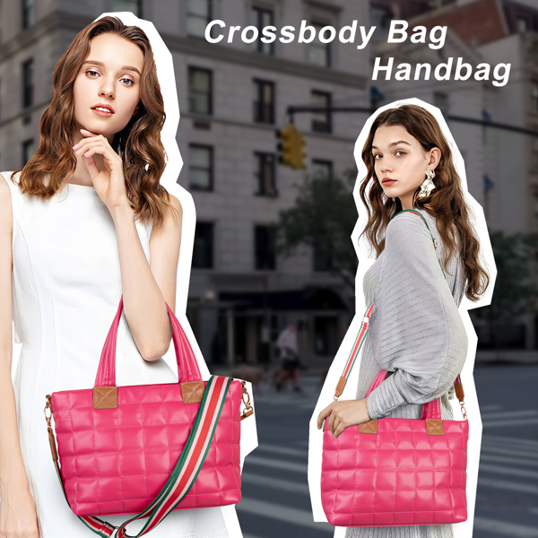 女士拉链手提包，轻便绗缝蓬松斜挎包，带肩带的加厚手提包-玫红-5