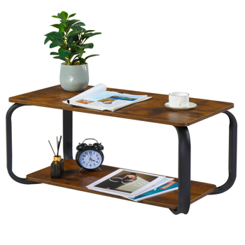 桌子 双层长方茶几 80cm 复古棕色 131365