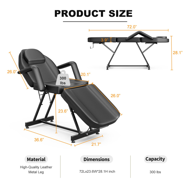 专业纹身床椅按摩床，带储物袋和毛巾挂钩，适用于美容师，可调节靠背及脚踏，三段式，黑色-3