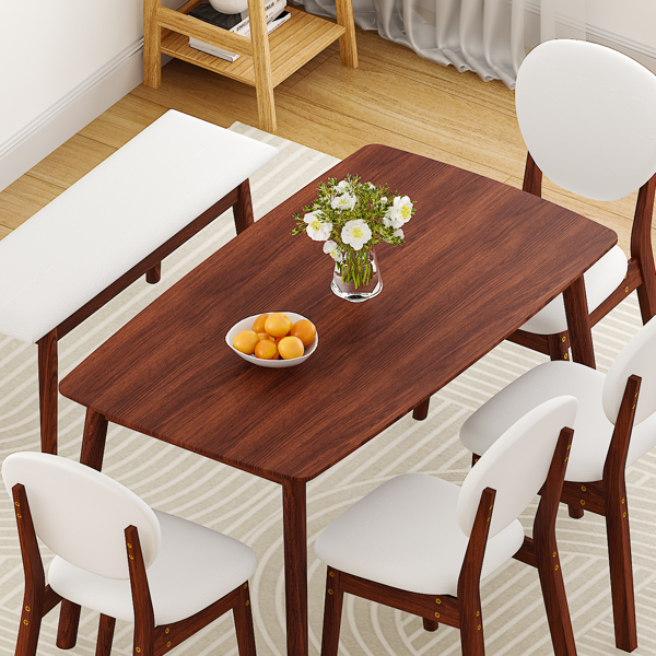 1桌4椅1凳 拆装 橡胶木+软包 深胡桃色 餐桌椅套装 米色坐垫 长方形-17